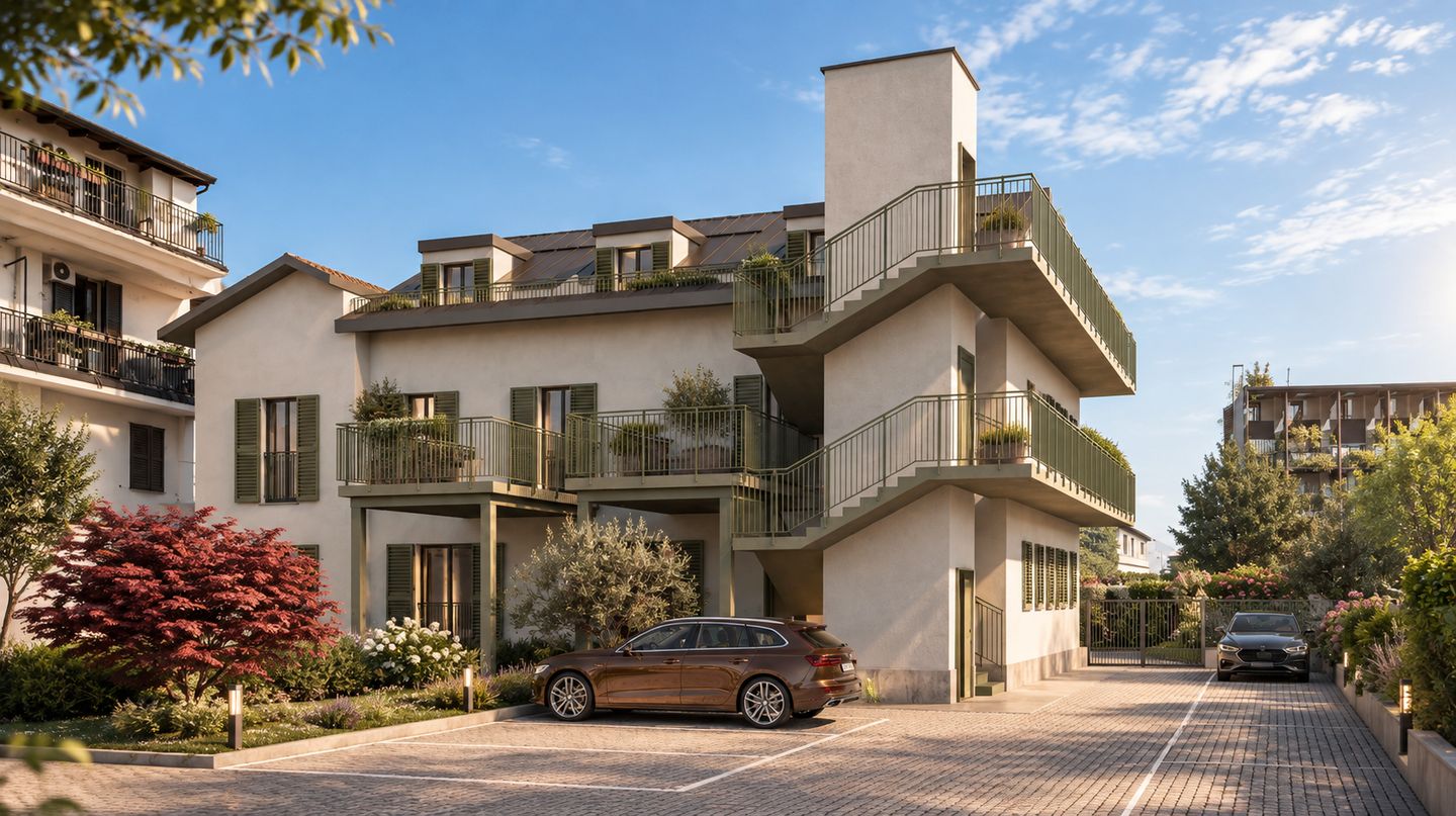 Il fronte di Living Maggiolina su Via Privata Tarvisio: intonaco chiaro, balconi con ringhiere verdi e scala esterna, alla luce del tardo pomeriggio.