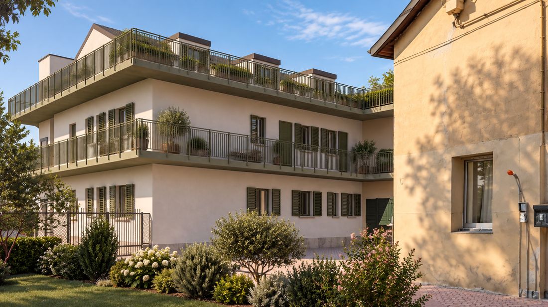 Il volume laterale dell’edificio con la terrazza in copertura piantumata e il giardino sul fronte.