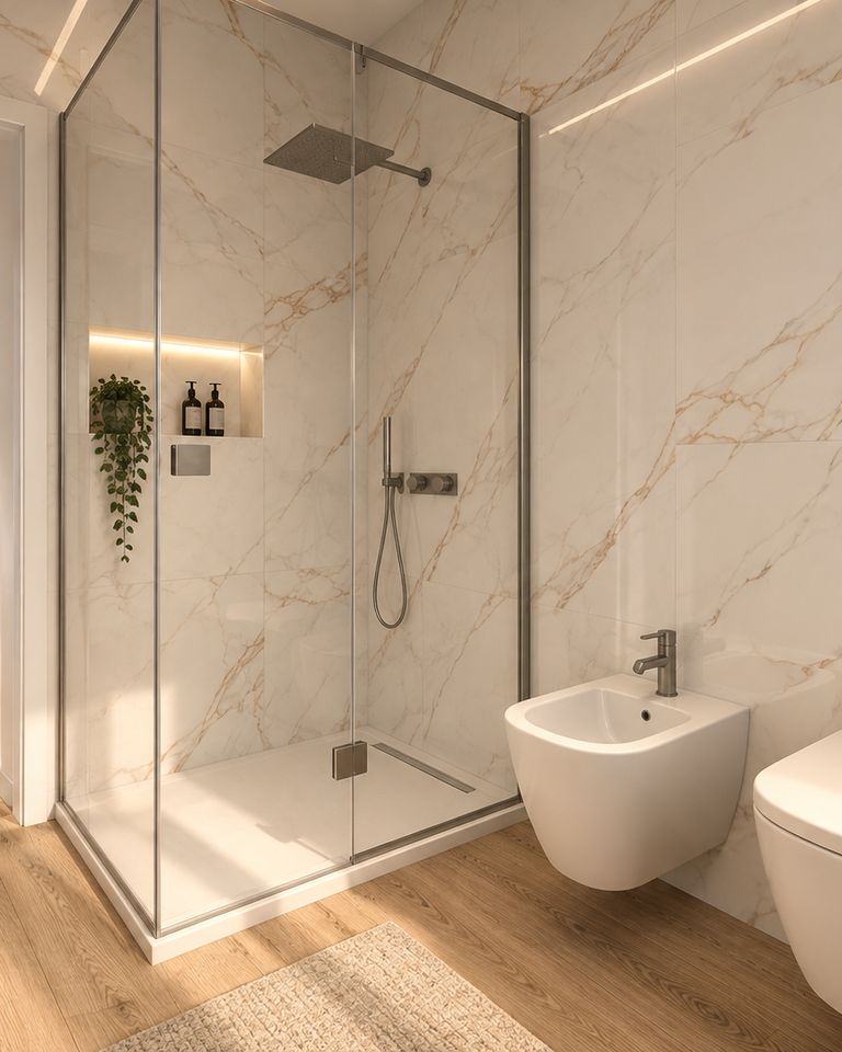 Bagno rivestito in marmo chiaro con doccia walk-in e nicchia illuminata.